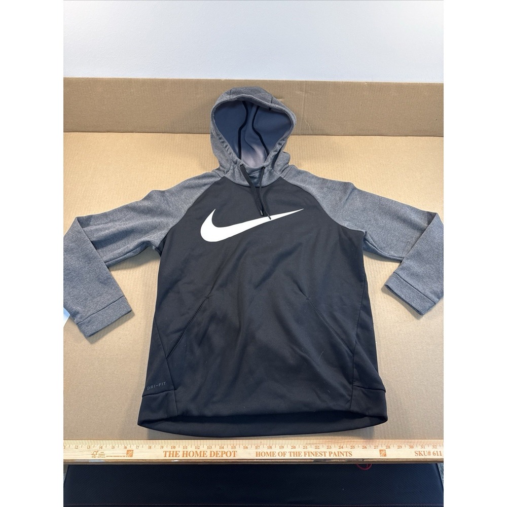 Nike Hoodie Mens Large‎ Black Gray Dri-FIT Swoosh Pullover Sweatshirt Athletic